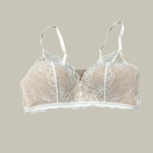 Natori White Lace Nude Lined Bralette Wireless Bra 36C 733251 Floral Adjustable
